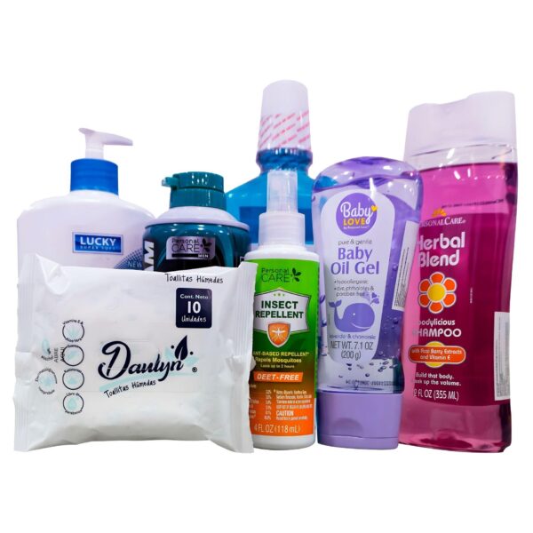 KIT DELTA BRANDS CUIDADO PERSONAL (CREMA HIDRATANTE,ENJUAGE BOCAL,ESPUMA DE AFEITAR,SHAMPOO,REPELENTE Y PAÑITOS HUMEDOS,CREMA)