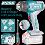 PISTOLA CALOR INALAMBRICA  20V CON TEMPERATURA AJUSTABLE  INCLUYE 4 BOQUILLAS 1 RASCADOR BATERIA Y CARGADOR NO INCLUIDO  INDUSTRIAL SUPER TOTAL (TBLI2006)