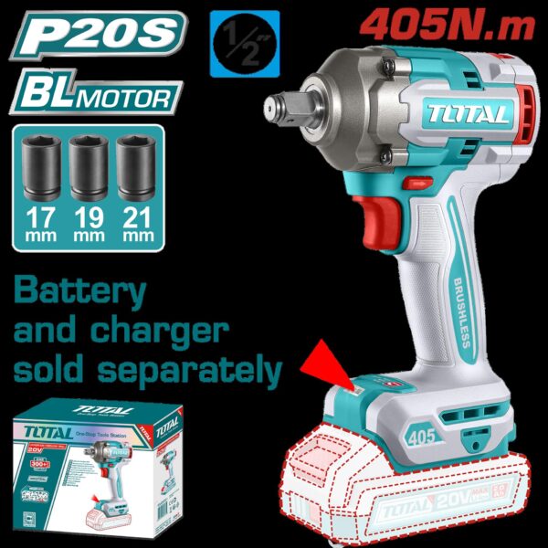 PISTOLA IMPACTO INALAMBRICA 1/2 20V 405 NM INCLUYE 3 COPAS 17,19,21,  BATERIA Y CARGADOR SE VENDEN POR SEPARADO  INDUSTRIAL SUPER TOTAL (TIWLI20451)