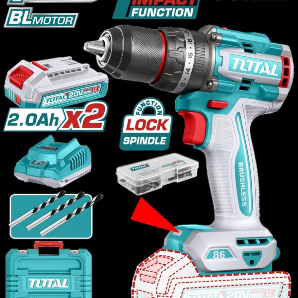 TALADRO INALAMBRICO PERCUTOR 1/2" 86 NM 20V CAJA PLASTICA INCLUYE 2  BATERIA 2.0AH, 1 CARGADOR Y ACCESORIOS INDUSTRIAL SUPER TOTAL (UTIDLI208687)