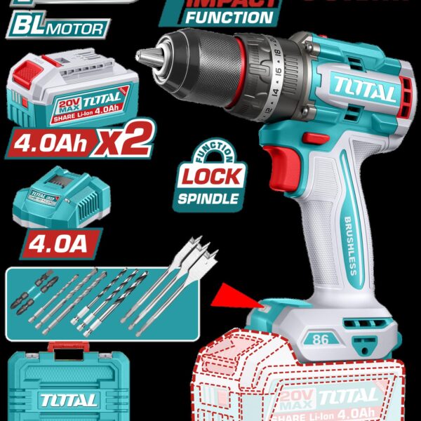TALADRO INALAMBRICO PERCUTOR 1/2" 86 NM 20V CAJA PLASTICA INCLUYE 2  BATERIA 4.0AH, 1 CARGADOR Y ACCESORIOS INDUSTRIAL SUPER TOTAL (UTIDLI208682)