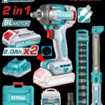 COMBO INALAMBRICO 20V PISTOLA IMPACTO INALAMBRICO 1/2 405NM + LAMPARA DE TRABAJO 300 LUMENES RECARGABLE + 10 COPAS 1/2 (10-24MM)+ ADAPTADOR DE 1/2 A 1/4 + 2 BATERIA 2.0 AH + ACCESORIOS Y SUPER TOTAL (UTOSLI23056)