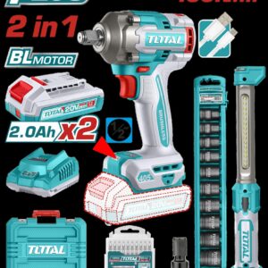 Combo Inalambrico 20V Pistola Impacto Inalambrico 1/2 405NM + Lampara de Trabajo 300 Lumenes Recargable + 10 Copas 1/2 (10-24MM)+ Adaptador de 1/2 a 1/4 + 2 Bateria 2.0 AH +Cargador  Total (UTOSLI23056)
