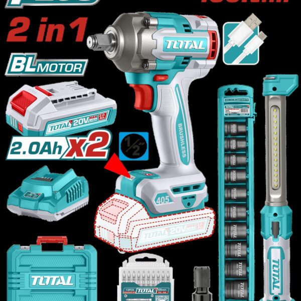 COMBO INALAMBRICO 20V PISTOLA IMPACTO INALAMBRICO 1/2 405 NM + LAMPARA DE TRABAJO 300 LUMENES RECARGABLE + 10 COPAS 1/2 (10-24MM)+ ADAPTADOR DE 1/2 A 1/4 + 2  BATERIA 2.0 AH + ACCESORIOS  Y  SUPER TOTAL (UTOSLI23056)