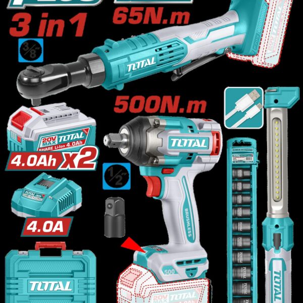 COMBO INALAMBRICO 20V  PISTOLA DE IMPACTO 1/2 500 NM + RACHE 65NM + LAMPARA DE TRABAJO 300 LUMENES +  2 BATERIAS 4.0AH  Y CARGADOR INCLUYE ACCESORIOS INDUSTRIAL SUPER TOTAL ( UTOSLI250981)