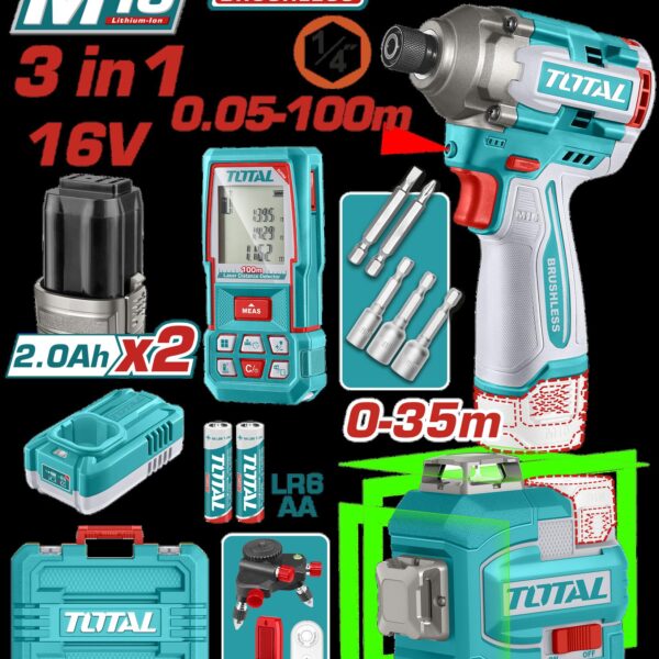 COMBO INALAMBRICO 16V  ATORNILLADOR DE IMPACTO 1/4 170NM + METRO LASER 100M + NIVEL LASER 35M LUZ VERDE +  BATERIAS 2.0AH Y CARGADOR INCLUYE ACCESORIOS INDUSTRIAL SUPER TOTAL ( UTOSLI250886)
