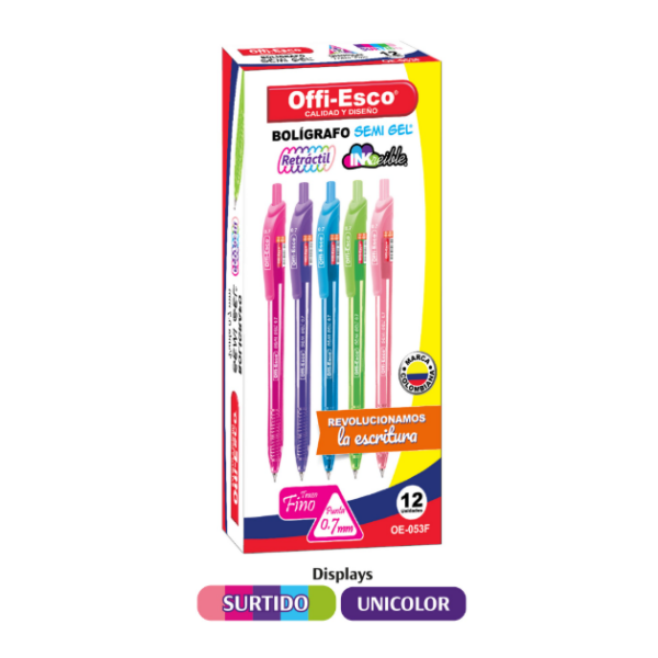 BOLIGRAFO SEMI GEL RETRACTIL 0.7 m COLORES SURTIDOS X12 UND OE-053F