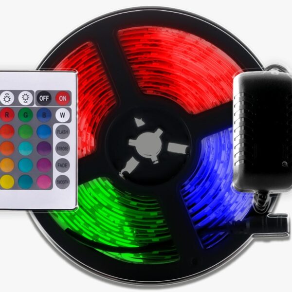 LUCES CINTA LED RGB CON CONTROL 12V 5MTS 60L/M (ZFR820) INCLUYE FUENTE 2AMP