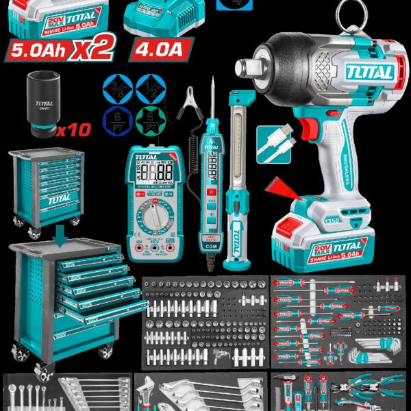 PISTOLA IMPACTO INALAMBRICA  3/4" 1350NM + 2 BATERIAS 5.0AH + CARGADOR + CAJA DE HERRAMIENTAS CON 288 ACCESORIOS INDUSTRIAL SUPER TOTAL (UTHPTCS82882)