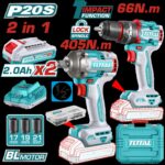 COMBO INALAMBRICO TALADRO 1/2" 66 NM + PISTOLA IMPACTO 1/2" 20V 405 N.M INCLUYE 2 BATERIAS 2.0AH , 1 CARGADOR Y ACCESORIOS SUPER TOTAL (UTCKLI20286)