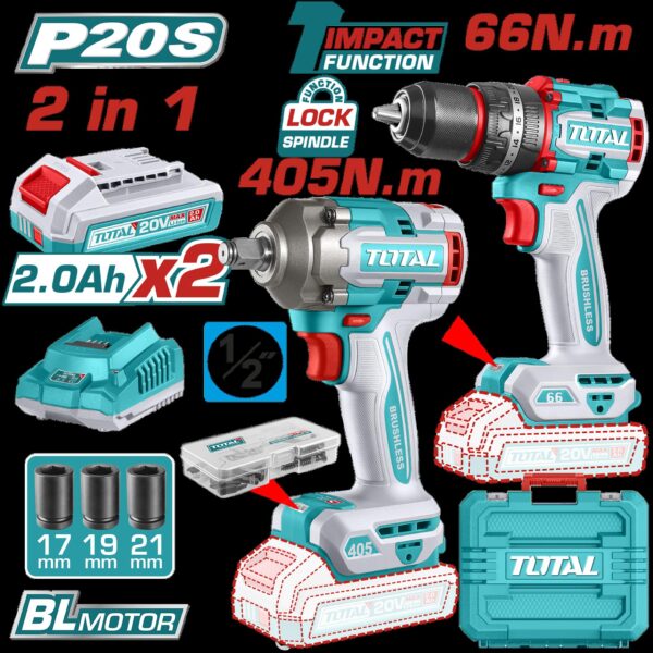 COMBO INALAMBRICO TALADRO 1/2" 66 N.M + PISTOLA IMPACTO 1/2" 20V 405 N.M  INCLUYE 2 BATERIAS 2.0AH , 1 CARGADOR Y ACCESORIOS SUPER TOTAL (UTCKLI20286)