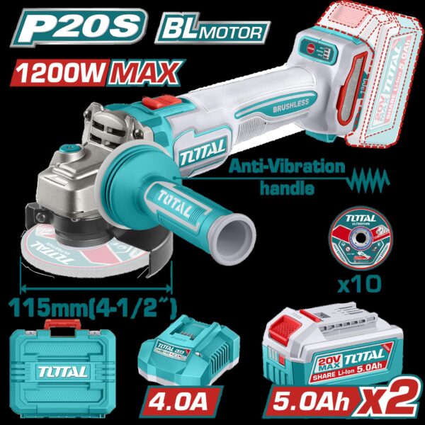 PULIDORA INALAMBRICA 4 1/2 INDUSTRIAL 20V 1200W INCLUYE 10 DISCOS PARA CORTE DE METAL 2 BATERIAS 5.0 AH Y CARGADOR , MOTOR SIN ESCOBILLAS INDUSTRIAL SUPER TOTAL (UTAGLI2120252)