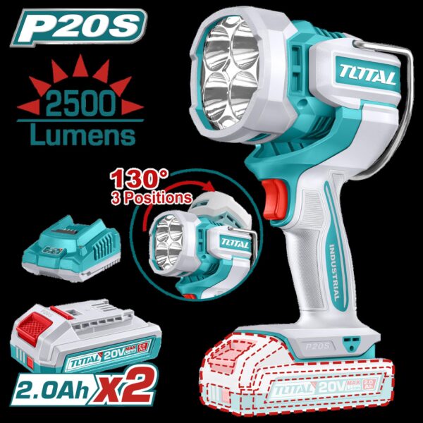 LAMPARA DE TRABAJO INALAMBRICA 20V 2500 LUMENES INCLUYE 2 BATERIAS 2.0 AH Y CARGADOR INDUSTRIAL SUPER TOTAL (UTWLI20887)