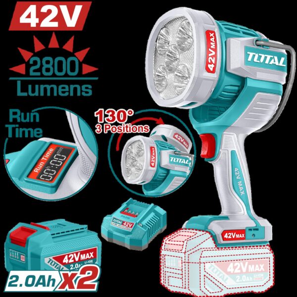 LAMPARA DE TRABAJO 42V 2800 LUMENES INCLUYE  BATERIAS 2.0AH Y CARGADOR INDUSTRIAL SUPER TOTAL (UTWLI42896)