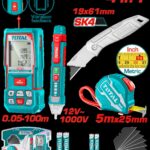 KIT PROBADOR DE CORRIENTE 12V-1000V + MEDIDOR DE DISTANCIAS LASER 100MTS  + METRO 5 MTS + BISTURI NAVAJA 19X 61MM INDUSTRIAL INCLUYE 6 HOJAS DE REPUESTO INDUSTRIAL SUPER TOTAL (TOS250701)