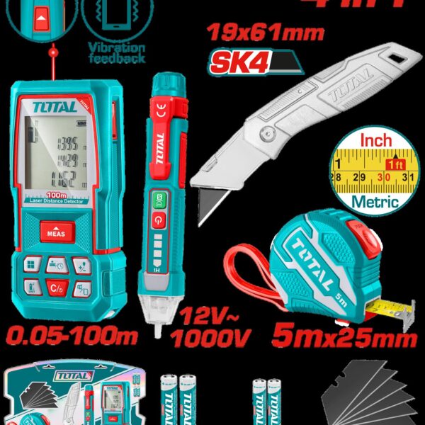 KIT PROBADOR DE CORRIENTE 12V-1000V + MEDIDOR DE DISTANCIAS LASER 100MTS + METRO 5 MTS + BISTURI NAVAJA 19X 61MM INDUSTRIAL INCLUYE 6 HOJAS DE REPUESTO INDUSTRIAL SUPER TOTAL (TOS250701)