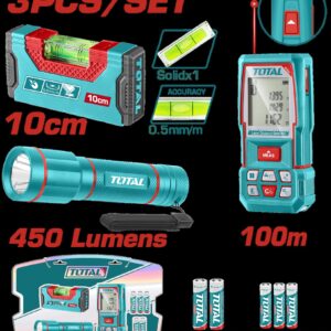 Medidor de Distancias Laser 100MTS + Nivel 10CM Imantado + Linterna 450 Lumenes Super Total Industrial (TOS251003)