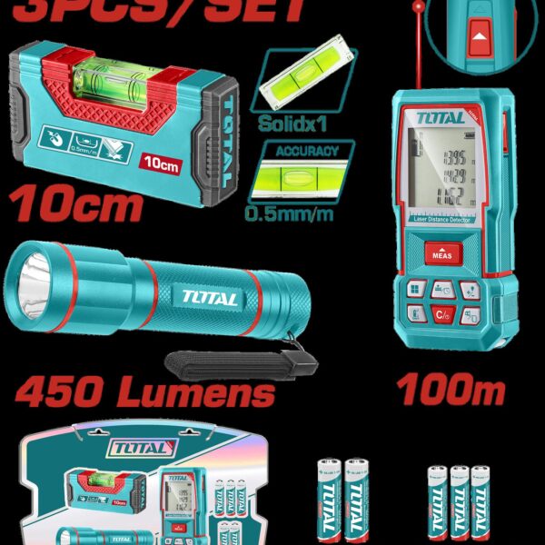 MEDIDOR DE DISTANCIAS LASER 100MTS + NIVEL 10CM IMANTADO + LINTERNA 450 LUMENES SUPER TOTAL INDUSTRIAL (TOS251003)