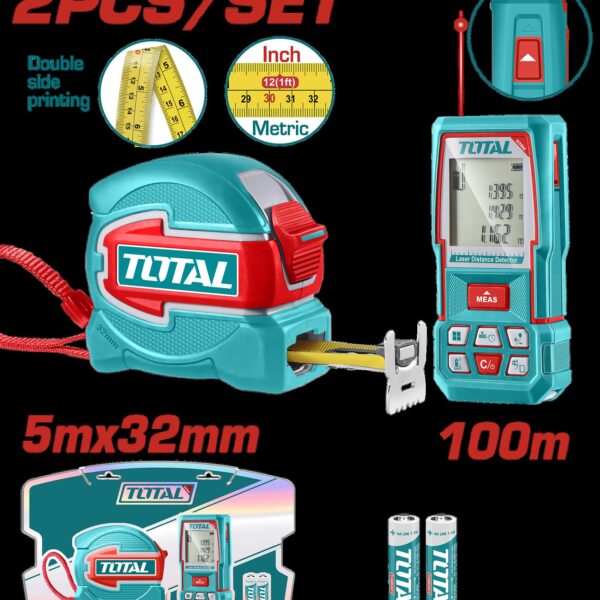 KIT MEDIDOR DE DISTANCIAS LASER 100MTSMEDIDOR DE DISTANCIAS LASER 100MTS + METRO 5 MTS HOJA 32MM INDUSTRIAL SUPER TOTAL (TOS250902)