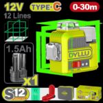 NIVEL LASER 0-30M 12V  LUZ VERDE  3D 12 LINEAS RECARGABLE TIPO  USB-C  DYLLU (DTLE8M12)