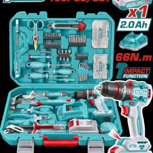 Taladro Percutor  Inalambrico 1/2" 20V 66NM + 1  Bateria 2.0AH  + Cargador + 163 Herramientas Industrial Super Total (UTHKTHP41667)