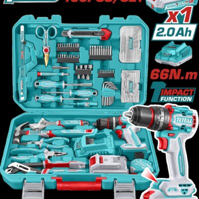 TALADRO PERCUTOR INALAMBRICO 1/2" 20V 66NM + 1 BATERIA 2.0AH + CARGADOR + 163 HERRAMIENTAS INDUSTRIAL SUPER TOTAL (UTHKTHP41667)