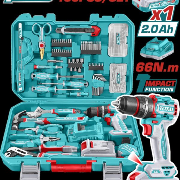 TALADRO PERCUTOR  INALAMBRICO 1/2" 20V 66NM + 1  BATERIA 2.0AH  + CARGADOR + 163 HERRAMIENTAS INDUSTRIAL SUPER TOTAL (UTHKTHP41667)