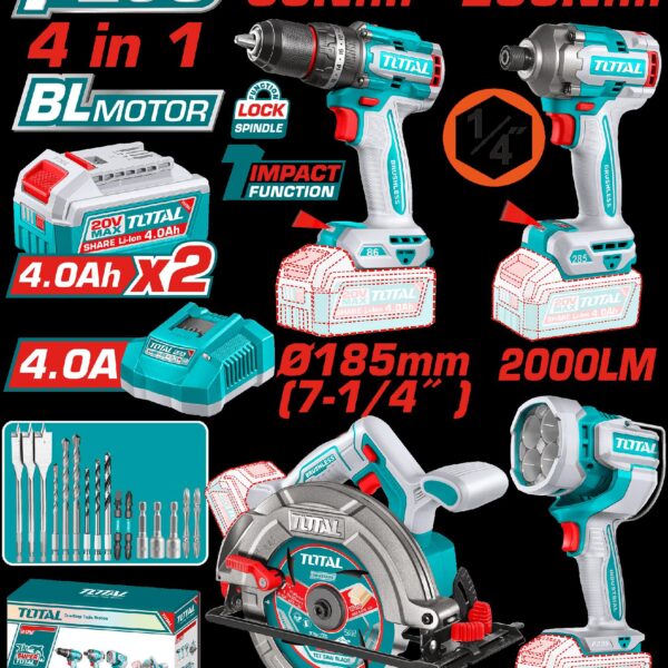 COMBO INALAMBRICO 20V TALADRO PERCUTOR 1/2" 86NM + ATORNILLADOR DE IMPACTO 1/4" 285NM + SIERRA CIRCULAR  7-1/4" + LAMPARA DE TRABAJO 2000 LUMENES + 2 BATERIAS 4.0AH + CARGADOR INCLUYE ACCESORIOS  (UTOSLI251082)