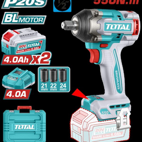 PISTOLA IMPACTO INALAMBRICA 1/2" 20V 550NM CAJA PLASTICA INCLUYE 2 BATERIA 4.0AH , 1 CARGADOR Y ACCESORIOS INDUSTRIAL SUPER TOTAL (UTIWLI2055)