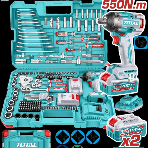 PISTOLA IMPACTO INALAMBRICA 1/2 20V 550 NM INCLUYE 2 BATERIAS 1 CARGADOR + 172 ACCESORIOS INSDUSTRIAL SUPER TOTAL (UTHKTHP41728)