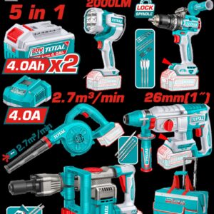 Combo Inalambrico 20V Taladro Rotomartillo 1" 20V Sds Plus 2,5 Jules + Demoledor Sds Hex 35MM 16JULES + Sopladora + Taladro de Impacto 1/2" 96NM + Lampara de Trabajo 2000 Lumenes + 2 Baterias 4.0AH + Cargador Incluye Accesorios (UTOSLI251083)