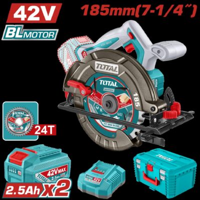 SIERRA CIRCULAR INALAMBRICA 42V 7-1/4" INCLUYE 2 BATERIA 2.5AH, CARGADOR + DISCO DE CORTE 24T CAJA PLASTICA INDUSTRIAL SUPER TOTAL (UTSLI4218512)