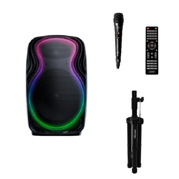 PARLANTE CABINA LUMINUS 8" 20W NIATEC BLUETOOTH-FM-MICRO SD-USB-TWS-HDMI (NT-PB12) + TRIPODE MEDIANO 64CM-120CM (NT-H5)