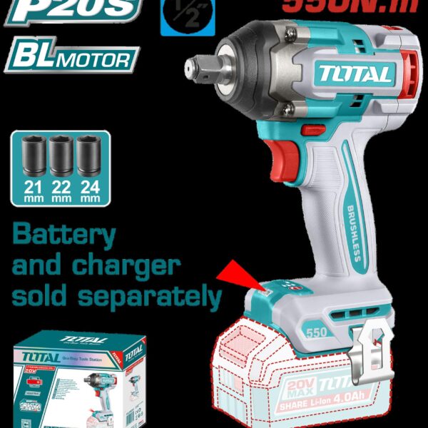 PISTOLA IMPACTO INALAMBRICA 1/2" 20V 550 NM INCLUYE 3 COPAS 21,22,24 MM, CARGADOR Y BATERIA SE VENDEN POR SEPARADO INDUSTRIAL SUPER TOTAL (TIWLI20551)