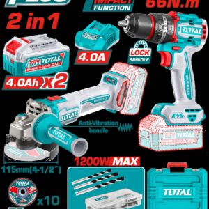 Combo Inalambrico 20V Pulidora 4 1/2 Industrial 1000W + Taladro Percutor 1/2 66NM + 2 Baterias 4.0AH + Cargador + Accesorios Caja Plastica Industrial Super Total (UTCKLI20256)