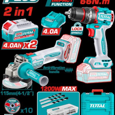 COMBO INALAMBRICO 20V PULIDORA 4 1/2 INDUSTRIAL 1000W + TALADRO PERCUTOR 1/2 66NM + 2 BATERIAS 4.0AH + CARGADOR + ACCESORIOS CAJA PLASTICA INDUSTRIAL SUPER TOTAL (UTCKLI20256)