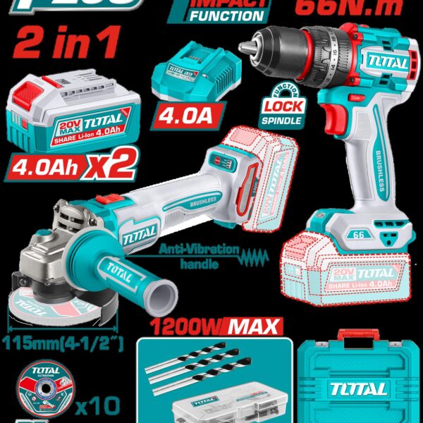COMBO INALAMBRICO 20V PULIDORA  4 1/2 INDUSTRIAL 1000W + TALADRO PERCUTOR   1/2 66NM  + 2 BATERIAS 4.0AH + CARGADOR + ACCESORIOS CAJA PLASTICA INDUSTRIAL SUPER TOTAL (UTCKLI20256)