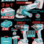 COMBO INALAMBRICO 20V PISTOLA IMPACTO INALAMBRICA 1/2" 405NM +  TALADRO DE IMPACTO 1/2" 66NM + PULIDORA  4 1/2" 1200W  + 2 BATERIAS 4.0AH + CARGADOR INCLUYE ACCESORIOS INDUSTRIAL SUPER TOTAL (UTCKLI20358)