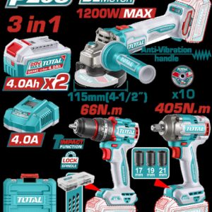 Combo Inalambrico 20V Pistola Impacto Inalambrica 1/2" 405NM + Taladro de Impacto 1/2" 66NM + Pulidora 4 1/2" 1200W + 2 Baterias 4.0AH + Cargador Incluye Accesorios Industrial Super Total (UTCKLI20358)