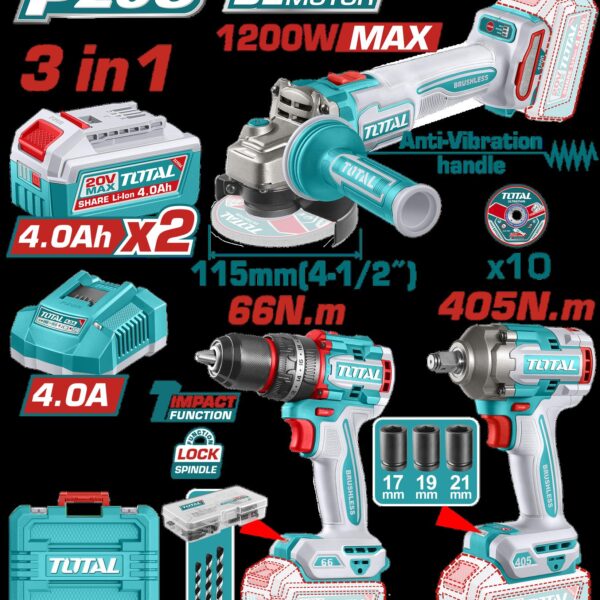COMBO INALAMBRICO 20V PISTOLA IMPACTO INALAMBRICA 1/2" 405NM +  TALADRO DE IMPACTO 1/2" 66NM + PULIDORA  4 1/2" 1200W  + 2 BATERIAS 4.0AH + CARGADOR INCLUYE ACCESORIOS INDUSTRIAL SUPER TOTAL (UTCKLI20358)