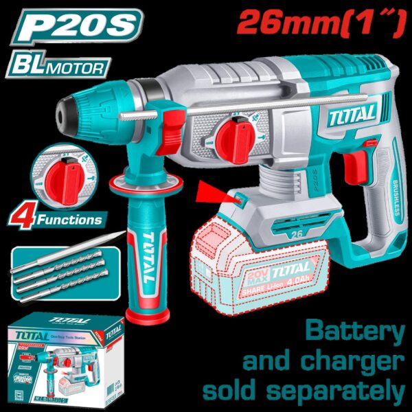 TALADRO ROTOMARTILLO 1" 20V SDS PLUS 2.5 JULES  INCLUYE 3 BROCAS , 1 CINCEL CARGADOR  Y BATERIA SE VENDEN POR SEPARADO INDUSTRIAL TOTAL (TRHLI26208)