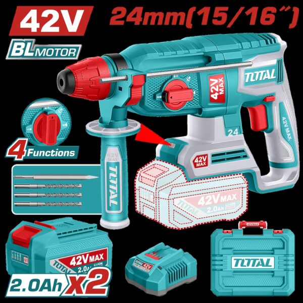 TALADRO ROTOMARTILLO 15/16"  42V SDS PLUS 2.4 JULES INCLUYE 2 BATERIA 2.0AH,1 CARGADOR Y ACCESORIOS INDUSTRIAL  SUPER TOTAL (UTRHLI422482)