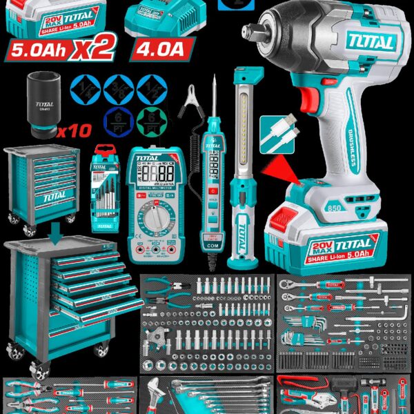 PISTOLA IMPACTO INALAMBRICA  1/2" 850 NM + 2 BATERIAS 5.0AH + CARGADOR + CAJA DE HERRAMIENTAS CON  369 ACCESORIOS  INDUSTRIAL SUPER TOTAL  (UTHPTCS83962)