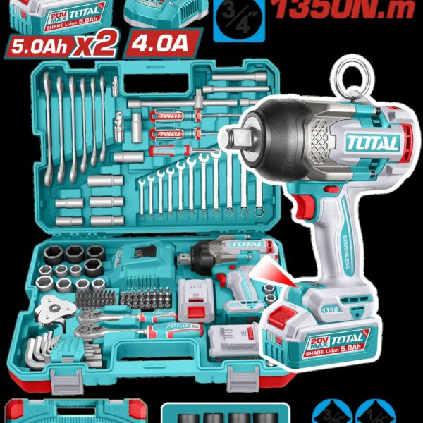 PISTOLA IMPACTO INALAMBRICA 3/4 20V 1350 NM INCLUYE 2 BATERIAS 1 CARGADOR + 132 ACCESORIOS INSDUSTRIAL SUPER TOTAL (UTHKTHP41383)