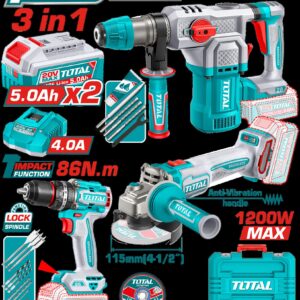 Combo Inalambrico 20V Taladro Percutor 1/2" 86NM + Pulidora 4-1/2" 1200W + Taladro Rotomartillo Sds Plus 1-1/8" 4.5 Jules + 2 Baterias 5.0AH + Cargador 4.0AH Incluye Accesorios Industrial Super Total (UTOSLI251195)