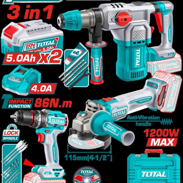 COMBO INALAMBRICO 20V TALADRO PERCUTOR  1/2" 86NM + PULIDORA 4-1/2" 1200W + TALADRO ROTOMARTILLO SDS PLUS 1-1/8"  4.5 JULES + 2 BATERIAS 5.0AH + CARGADOR 4.0AH INCLUYE ACCESORIOS INDUSTRIAL SUPER TOTAL (UTOSLI251195)