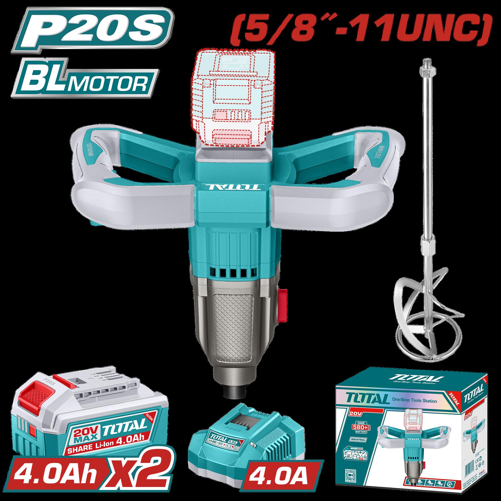 MEZCLADOR DE PINTURA 5/8"-11 20V INCLUYE BATIRDOR + 2 BATERIAS 4.0AH Y CARGADOR INDUSTRIAL SUPER TOTAL (UTMXLI20162)