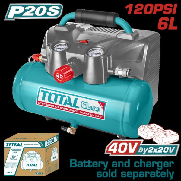 COMPRESOR AIRE INALAMBRICO 40V (2X20V) 120 PSI 6L 98L/MIN  INCLUYE 5 BOQUILAS Y UN ADAPTADOR BATERIA Y CARGADOR SE VENDEN POR SEPARADOR SUPER TOTAL (TACLI2003)