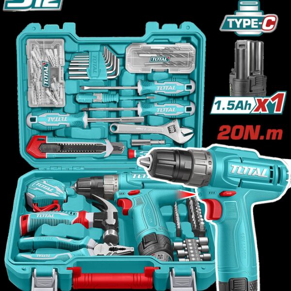 TALADRO INALAMBRICO 3/8 12V 20NM + BATERIA 1.5AH + KIT DE HERRAMIENTAS 148 PZS SUPER TOTAL (THKTHP41487)