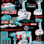 COMBO INALAMBRICO 20V TALADRO ROTOMARTILLO 1" SDS PLUS 2,5 JULES + PISTOLA IMPACTO INALAMBRICA 1/2" 405NM + TALADRO DE IMPACTO 1/2" 66NM + PULIDORA 4 1/2" 1200W + LINTERNA INALAMBRICA 450 LUMENES + 2 BATERIAS 4.0AH + CARGADOR INCLUYE ACCESORIOS INDUSTRIAL SUPER TOTAL (UTCKLI20595)